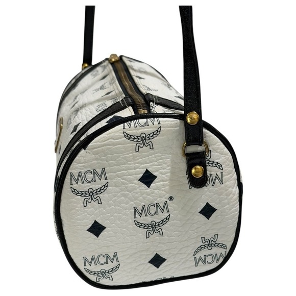 MCM Visetos Barrel Crossbody Bag White Black Leather Gold Hardware - Picture 2 of 9